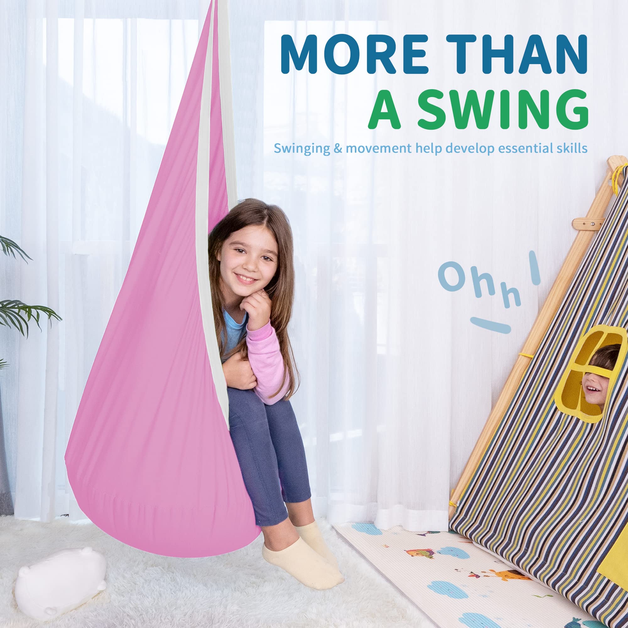 OUTREE pod swing installed indoors, creating a gentle reading nook.