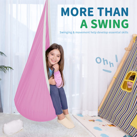 OUTREE pod swing installed indoors, creating a gentle reading nook.