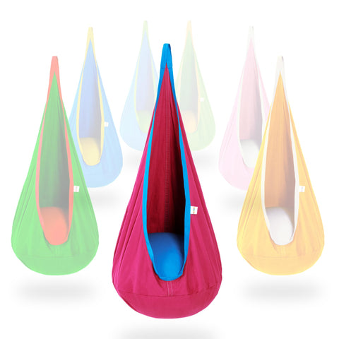 OUTREE Kids Pod Swing Seat in pink-blue offers a calming sensory space for playtime.