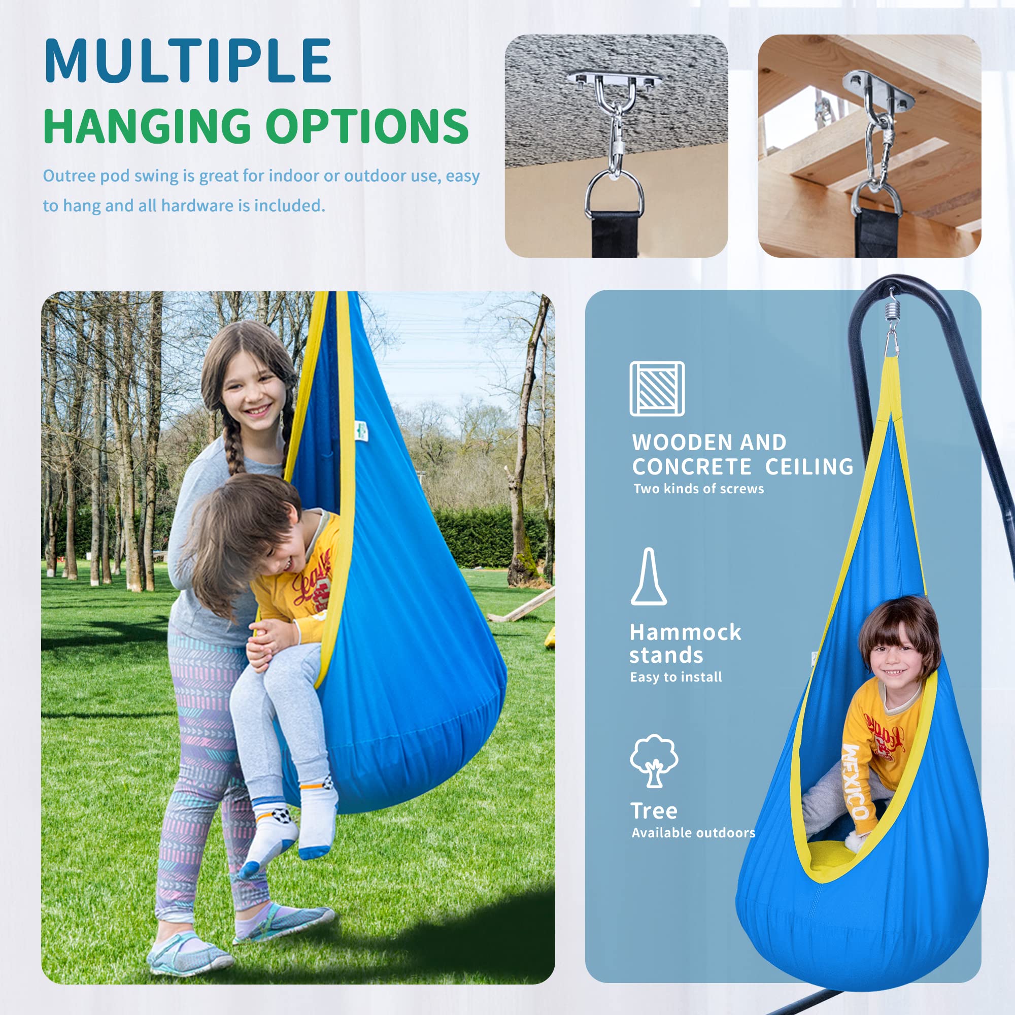OUTREE Kids Pod Swing Seat soft cotton-canvas texture for cozy reading.