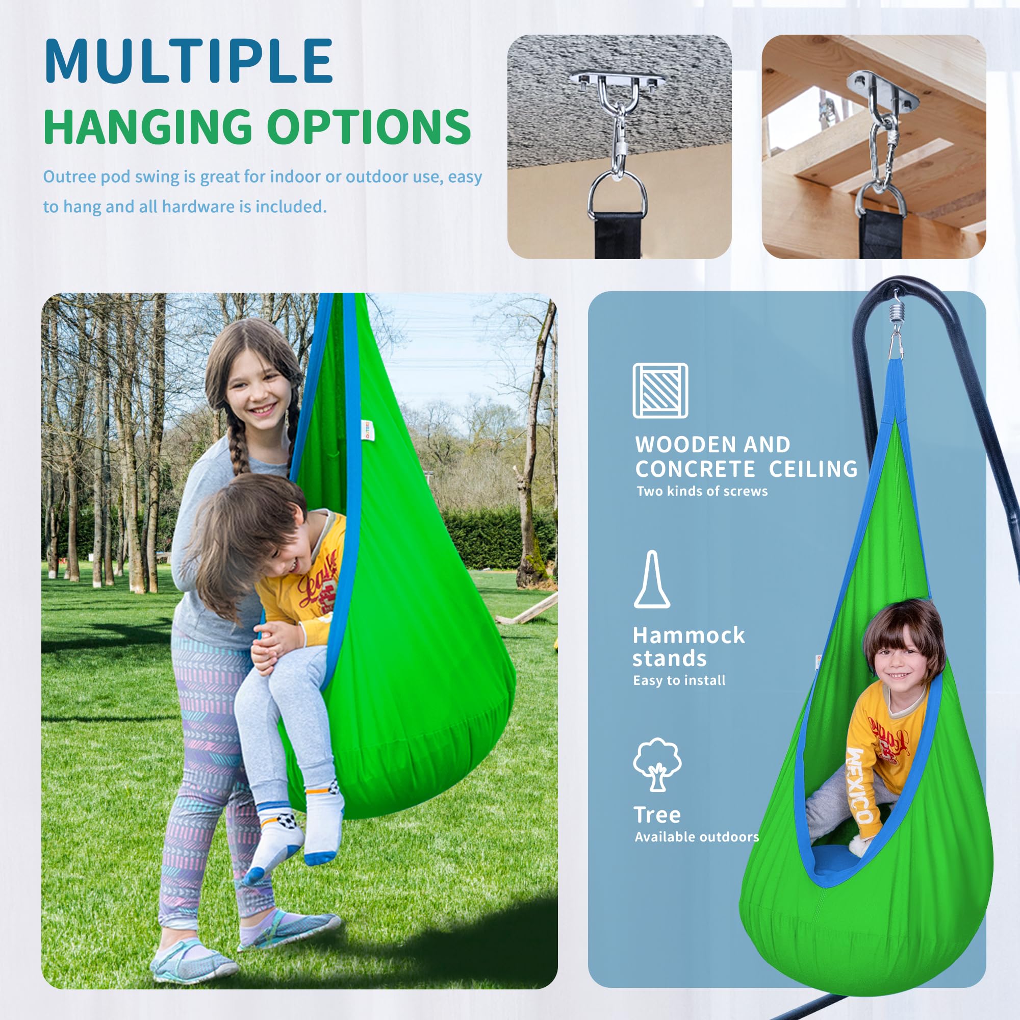 Outree pod swing with soft PVC cushion for comfortable downtime