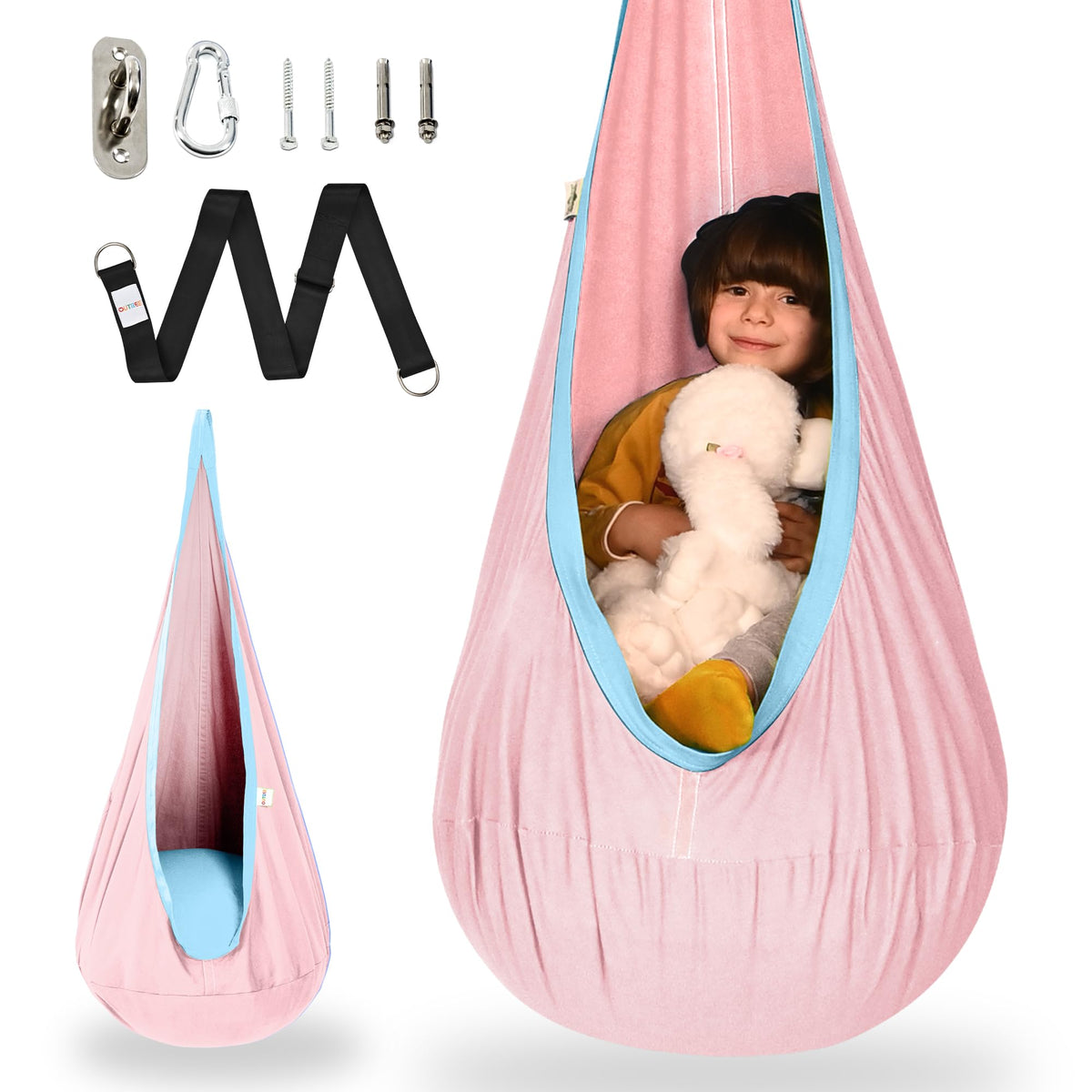 OUTREE Kids Pod Swing Seat hanging indoors for a cozy reading nook.