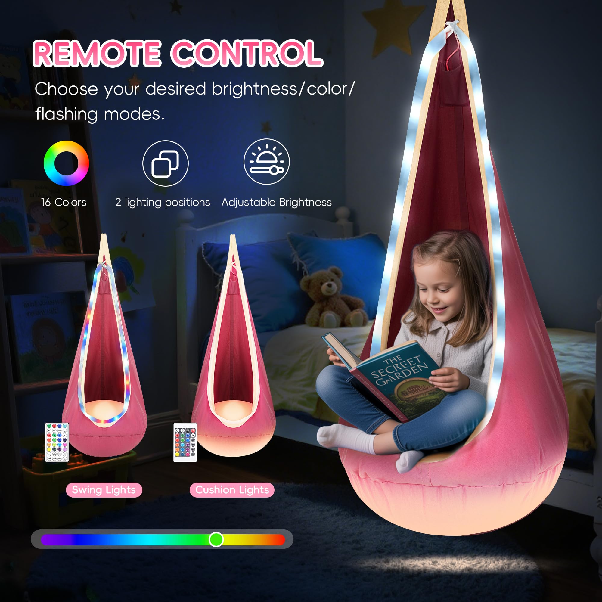 OUTREE LED strip on hammock chair offering customizable colors for mood lighting.