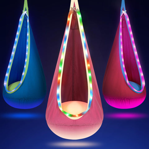 OUTREE Light Up Pod Swing Seat, pink, with LED glow for calming sensory immersion.