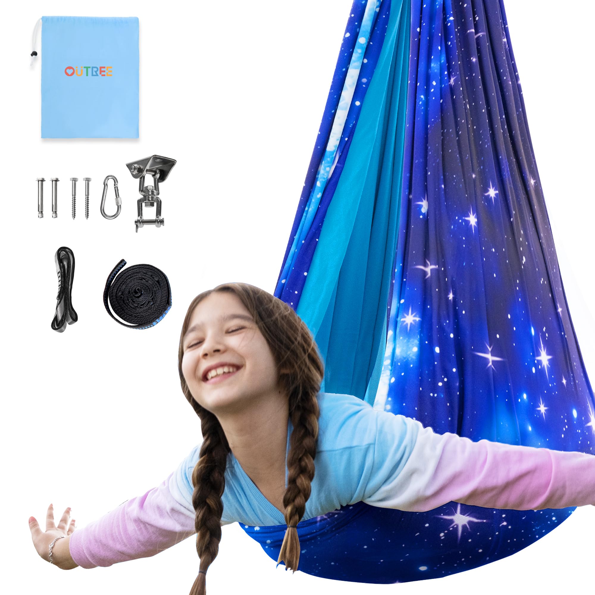 OUTREE sensory swing for kids with blue starry sky print supports calm, immersive playtime.