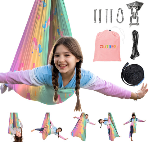 Outree Sensory Swing unicorn print creates a calming home play space