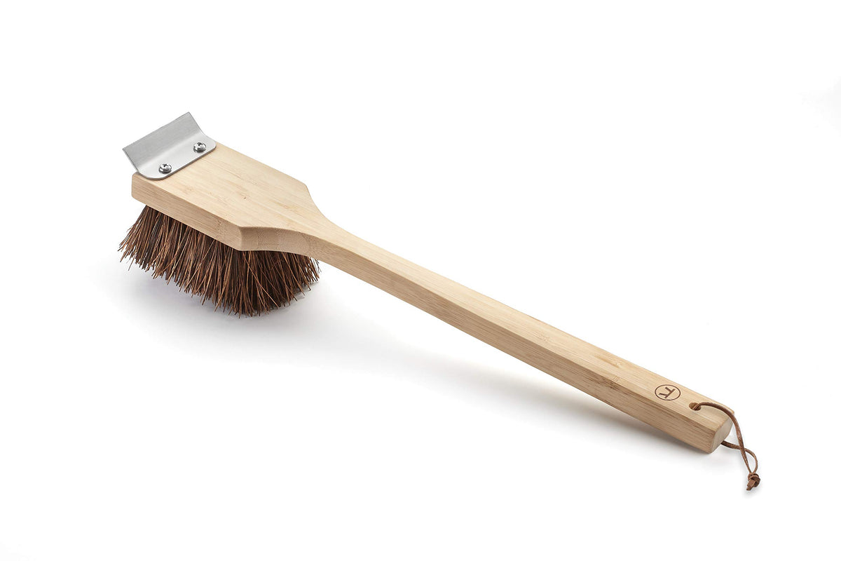 Outset grill cleaning brush with wood handle for comfortable grip and effective cleaning.