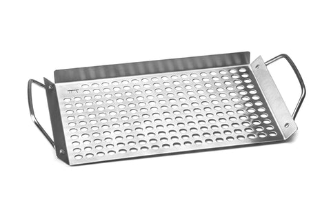 Outset grill topper grid with handles keeps delicate vegetables safe on the grill.