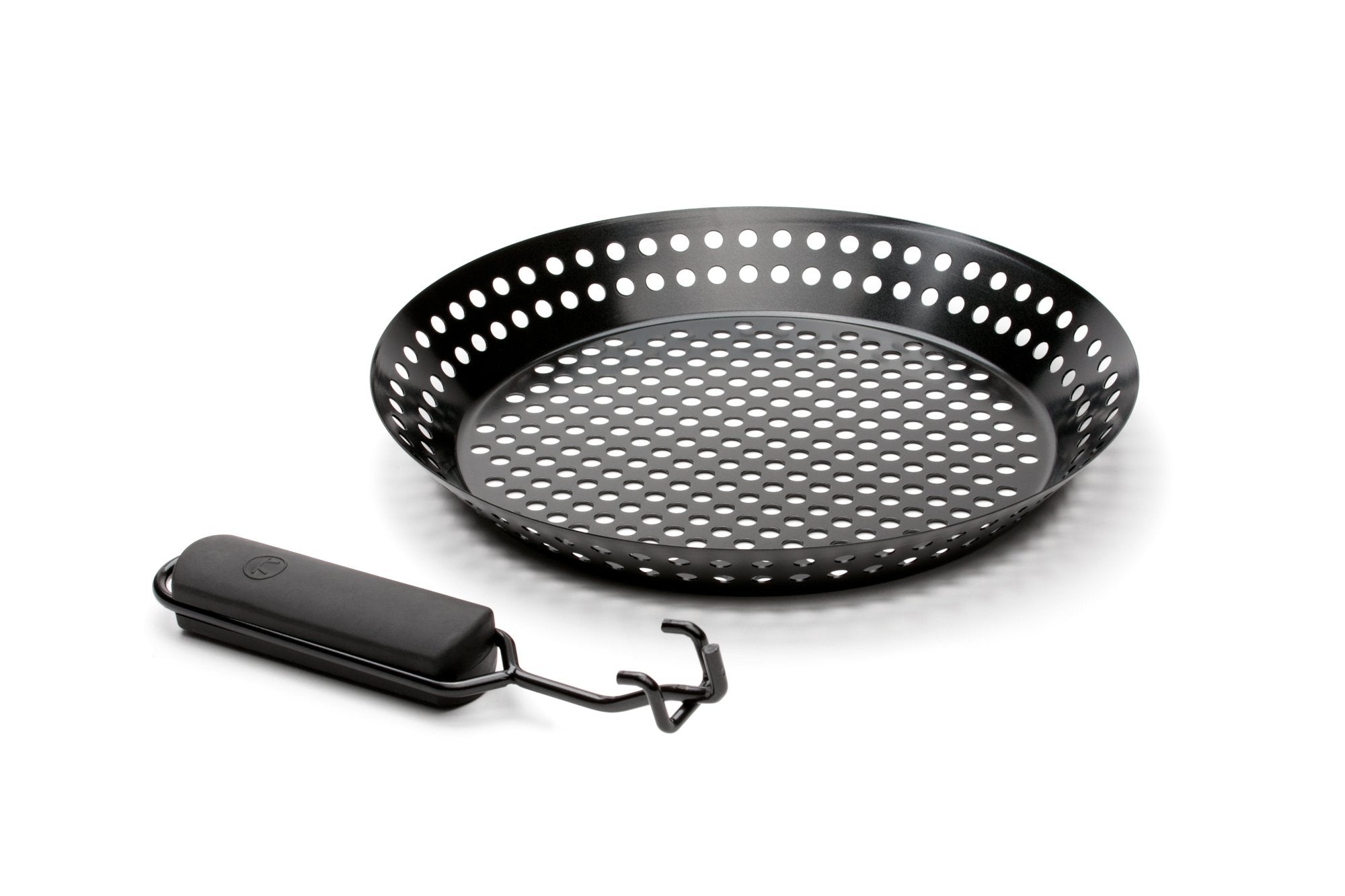 Outset grill skillet folding handle stays on the grill top during cooking.