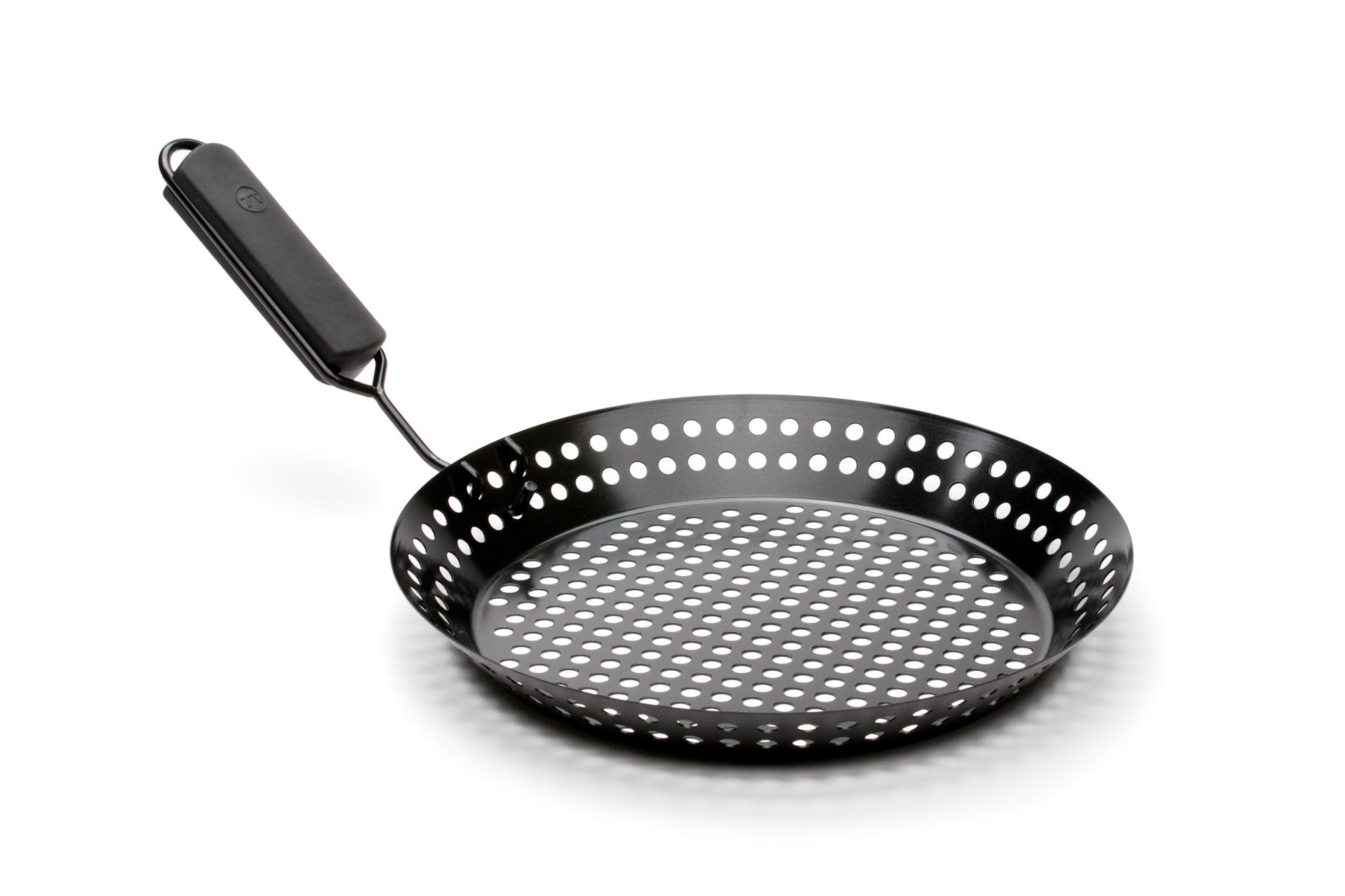 Outset grill skillet suitable for indoor and outdoor use on grill or stove.