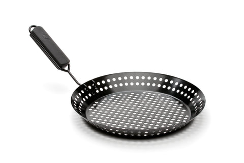 Outset grill skillet suitable for indoor and outdoor use on grill or stove.