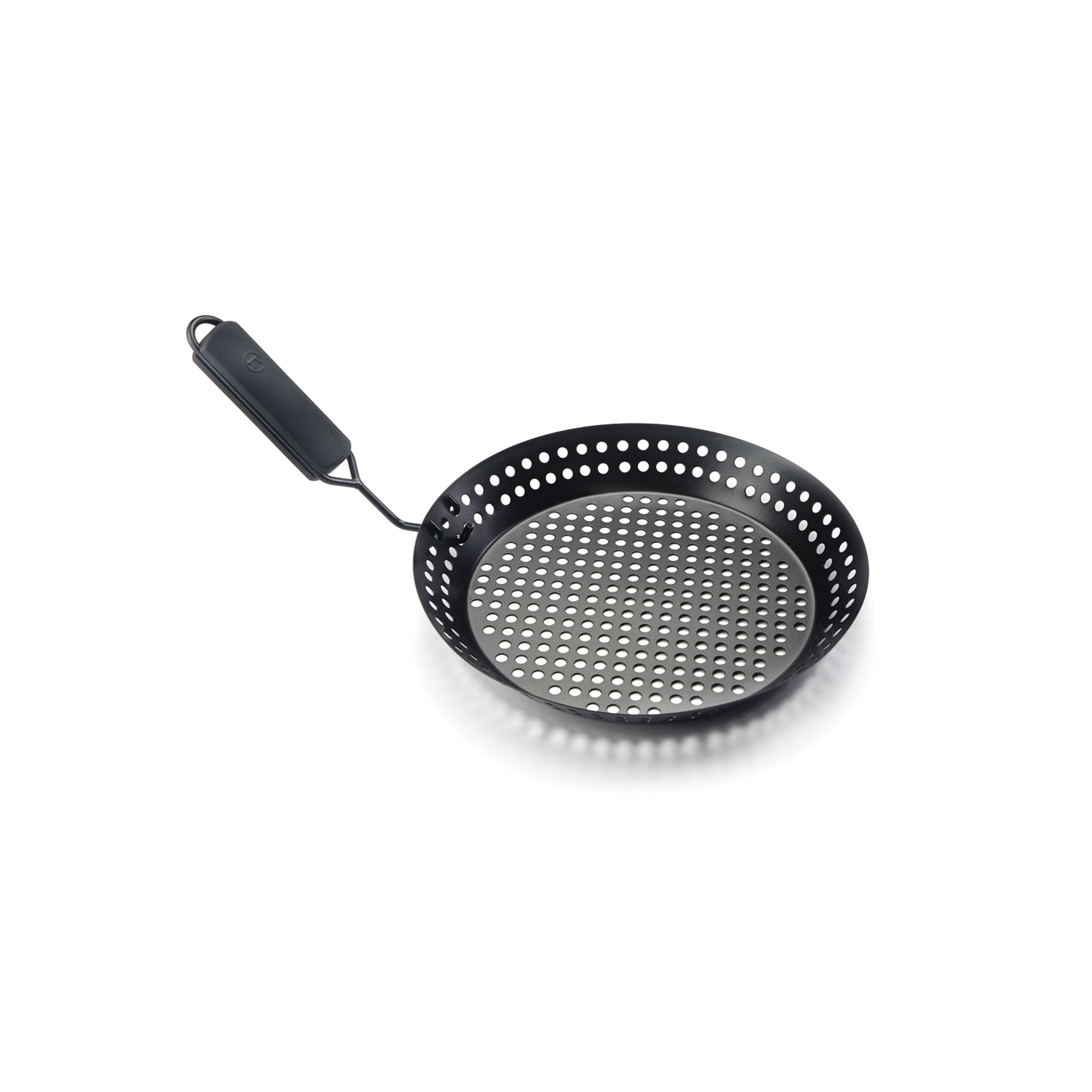 Outset grill skillet with removable handle for easy transfer from grill to table.