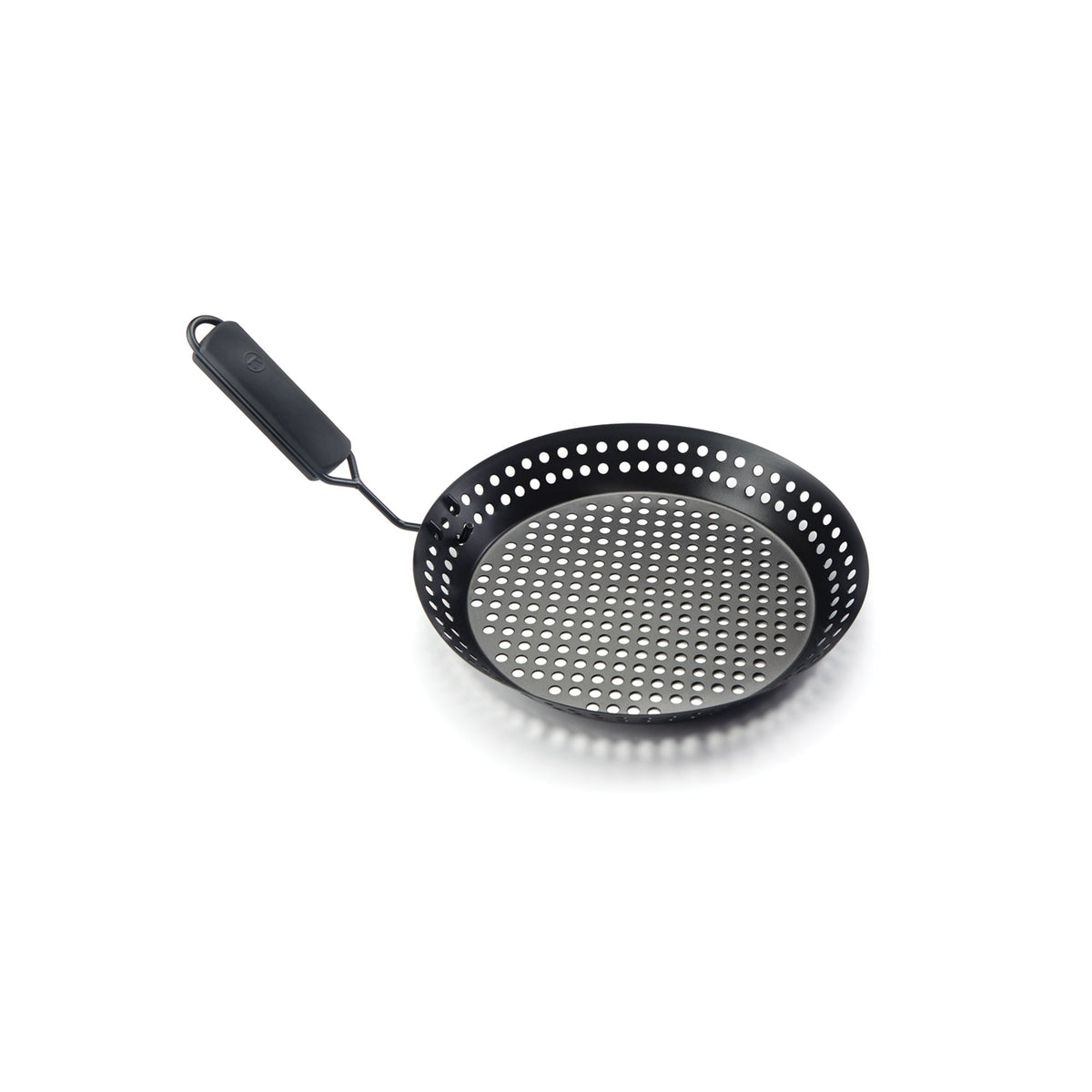 Outset grill skillet with removable handle for easy transfer from grill to table.