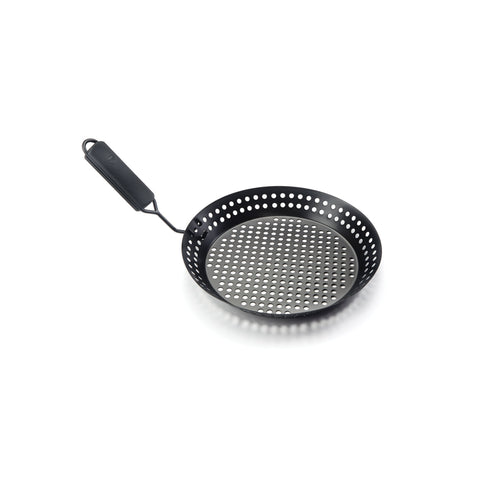 Outset grill skillet with removable handle for easy transfer from grill to table.