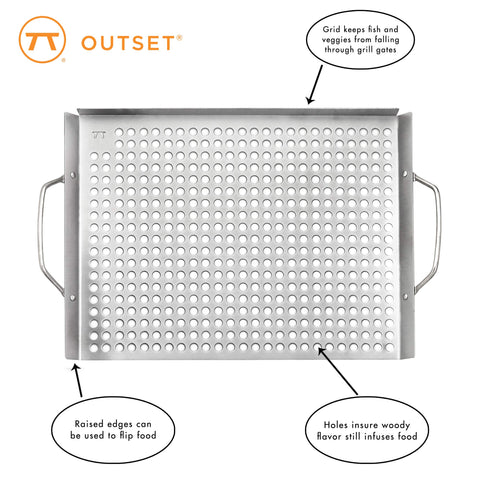 Outset grill topper grid large surface 17x11 on grill, ideal for family meals.