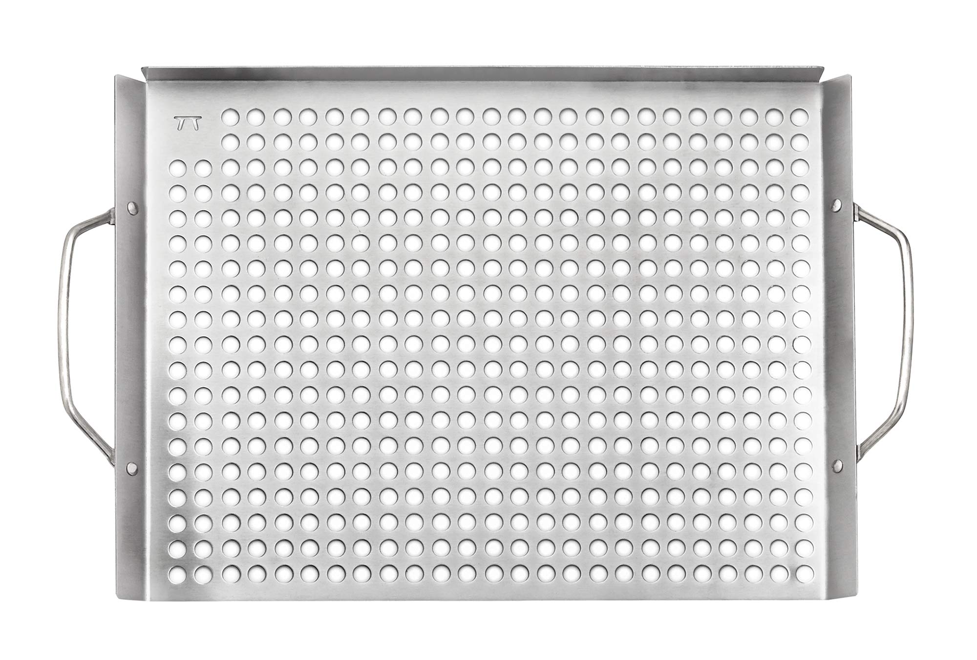 Outset grill topper grid raised edges help flip food safely.