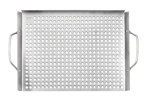 Outset grill topper grid raised edges help flip food safely.