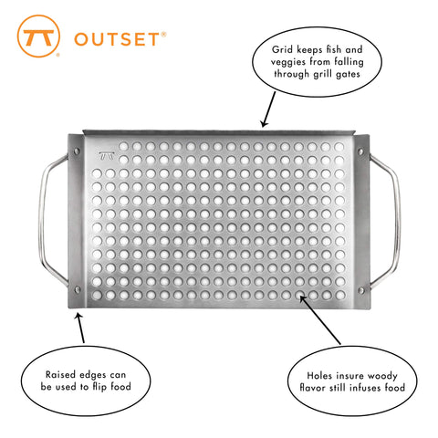 Outset stainless steel grill grid close-up showing perforations for even airflow