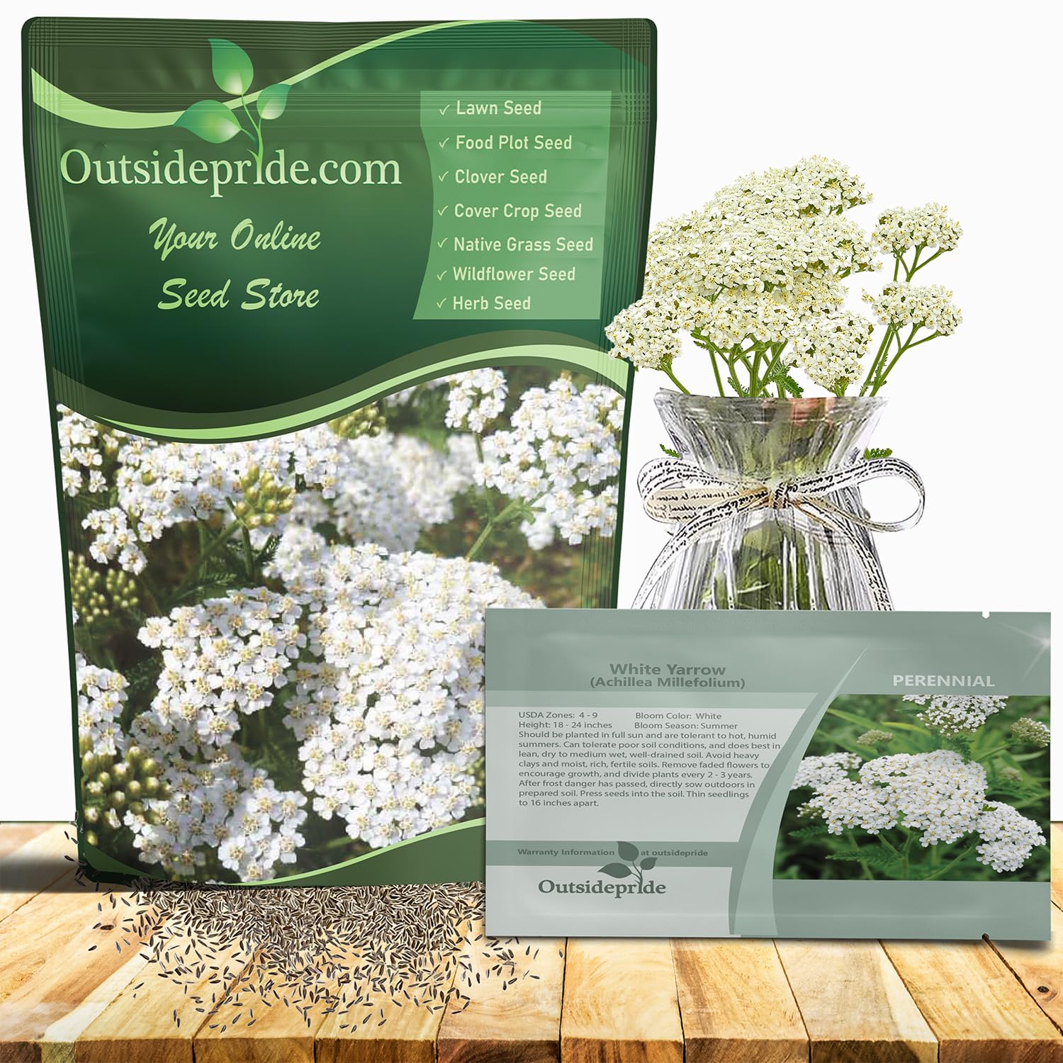 Outsidepride Achillea Millefolium Wild White Yarrow seeds in a seed packet for sunny, low-maintenance borders.