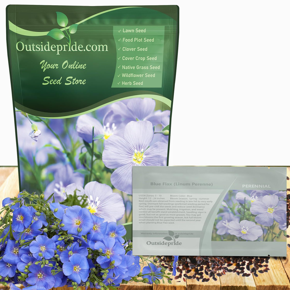 Outsidepride Blue Flax Seeds bloom along borders with vibrant blue color and long-season appeal.