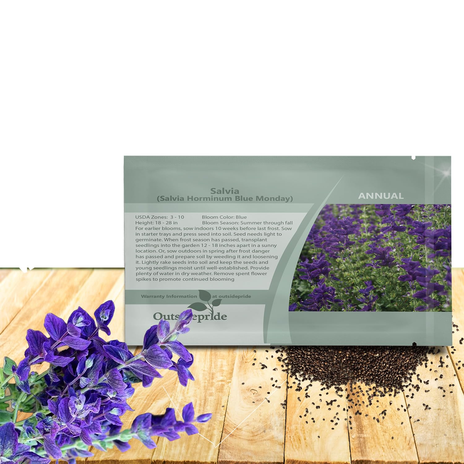 Outsidepride Blue Monday salvia seeds pack ready for sowing in sunny borders.