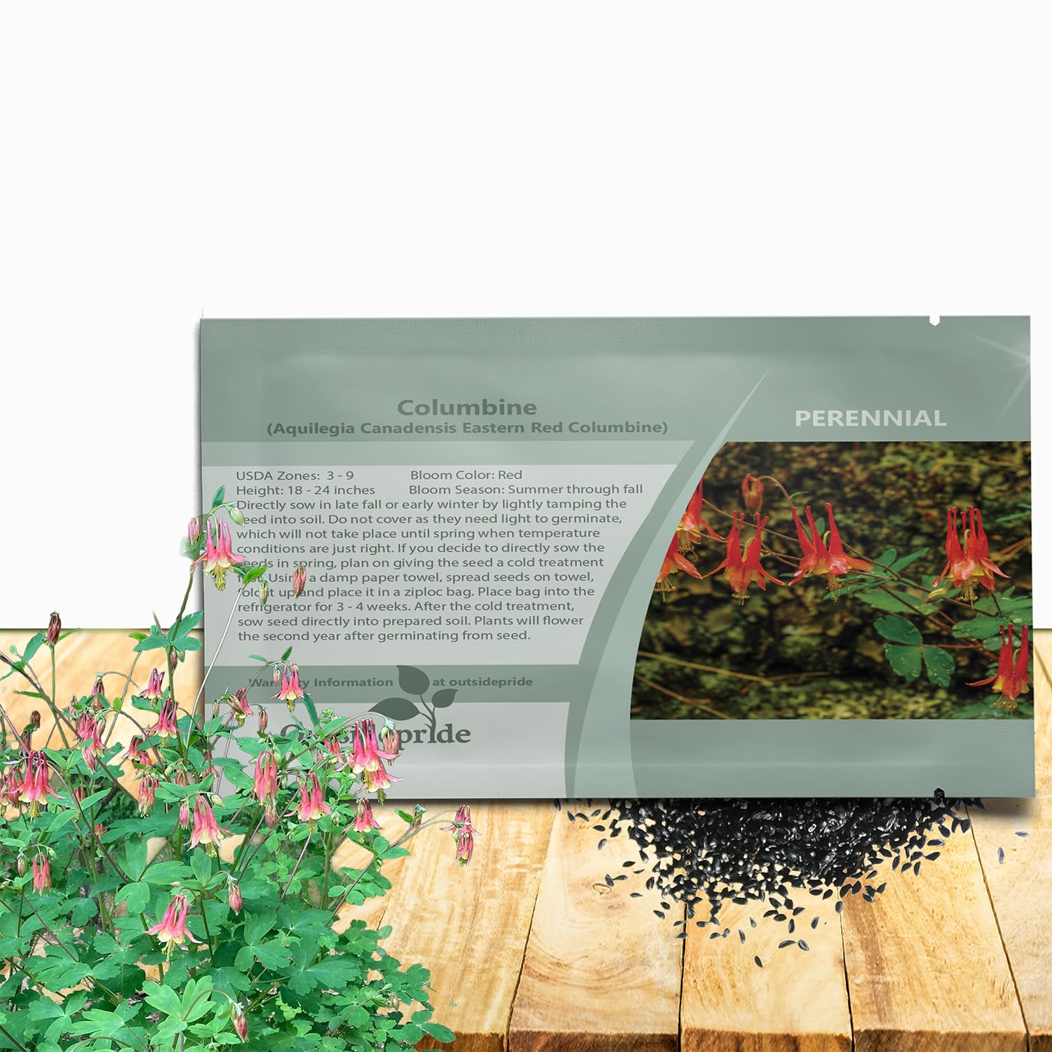 Outsidepride Eastern Red Columbine seeds packaging closeup for borders and perennial color