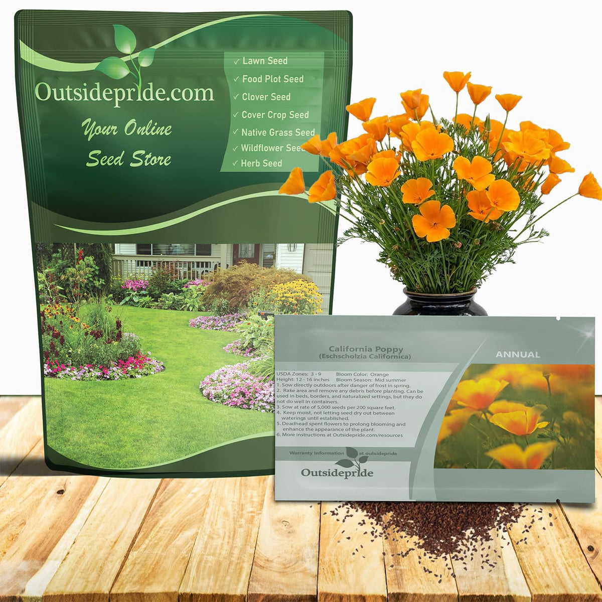 Outsidepride Eschscholzia Orange California Poppy Seeds seed bag for easy reseeding and color