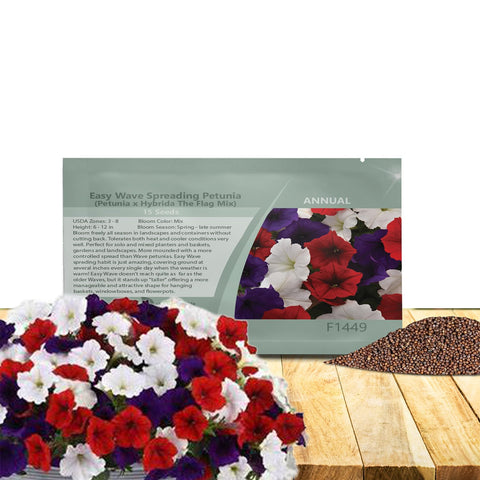 Outsidepride Flag Mix Easy Wave Petunia blooms in red, white, and blue for vibrant container displays.
