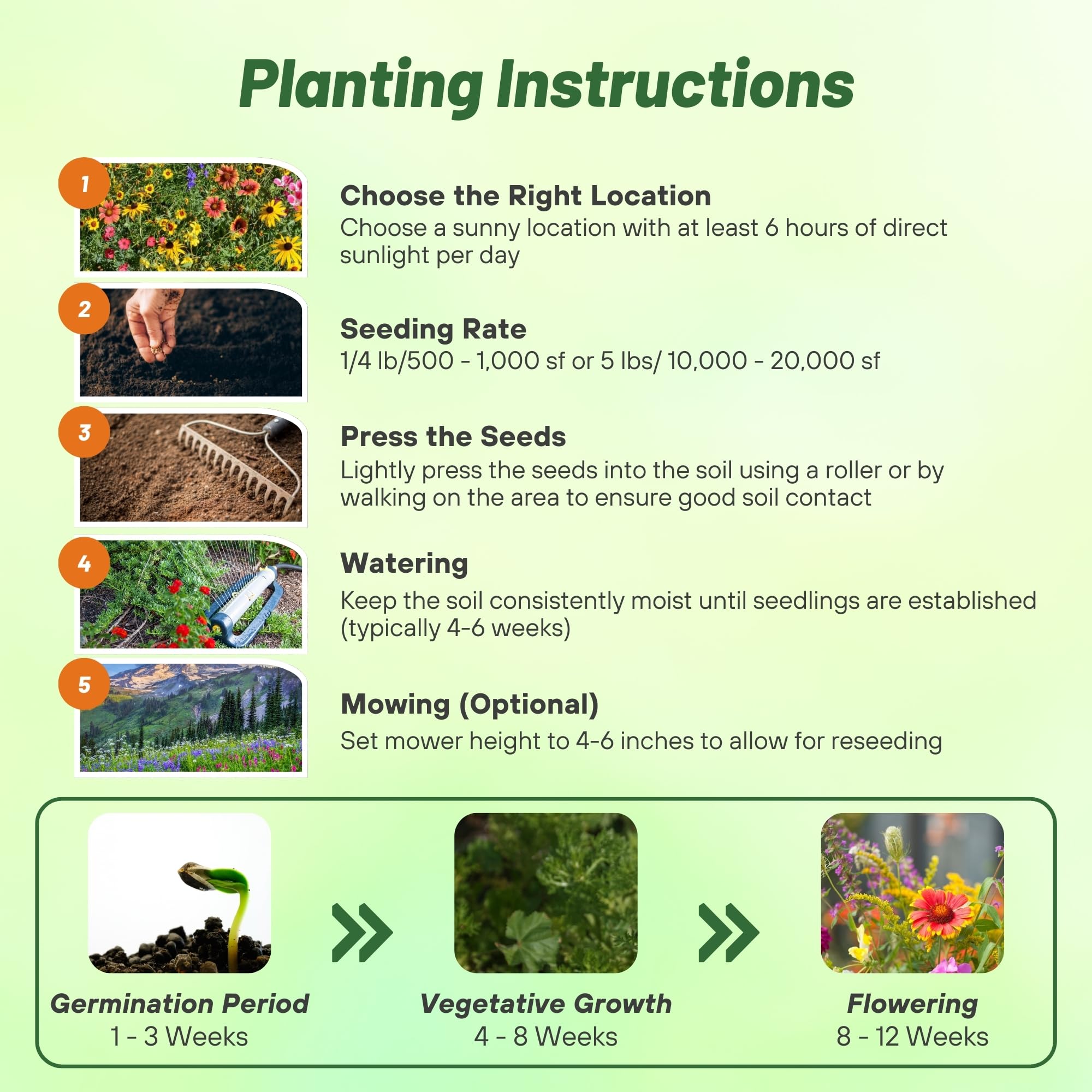 Outsidepride high-elevation planting guide shows spring sowing at 55 F for solid establishment.