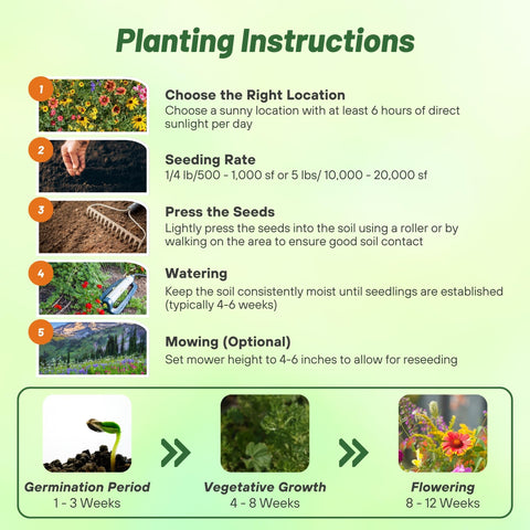 Outsidepride high-elevation planting guide shows spring sowing at 55 F for solid establishment.