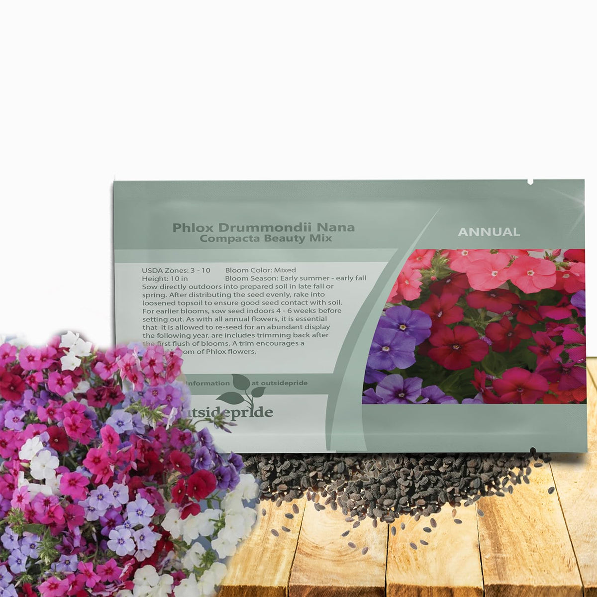 Outsidepride mix phlox seeds packaging shot showing ready-to-plant seeds for colorful borders.
