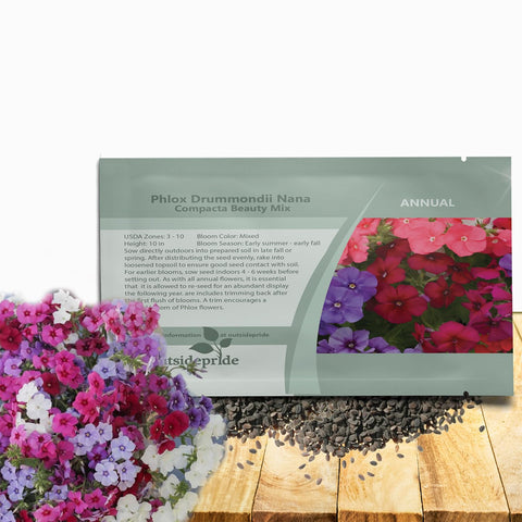 Outsidepride mix phlox seeds packaging shot showing ready-to-plant seeds for colorful borders.