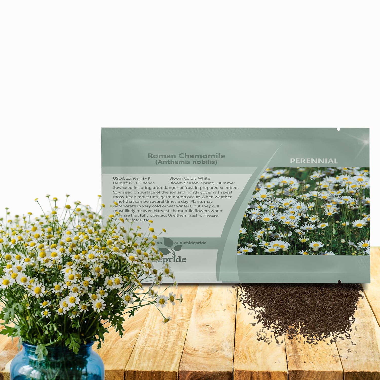 Outsidepride Roman Chamomile seeds packet close-up for easy planting in herb gardens