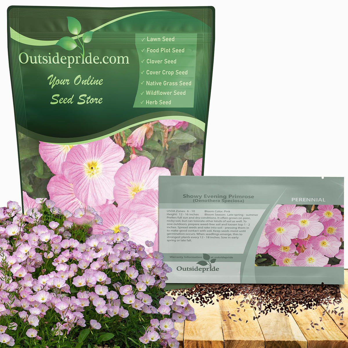Outsidepride Showy Evening Primrose seeds display soft pink blooms for sunny garden color.