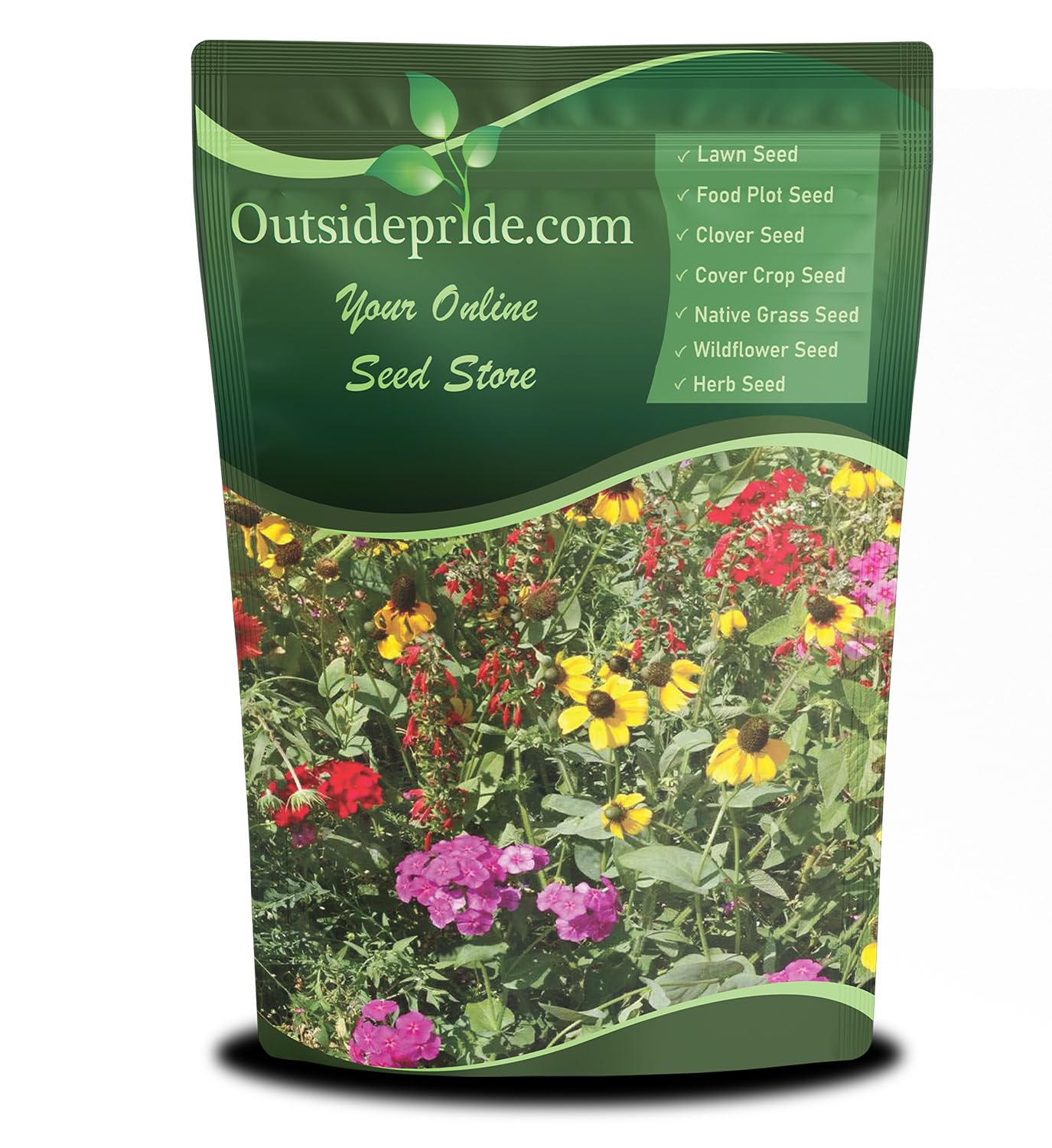 Outsidepride Southeast Wildflower Seed Mix pack showing diverse blooms for pollinators.