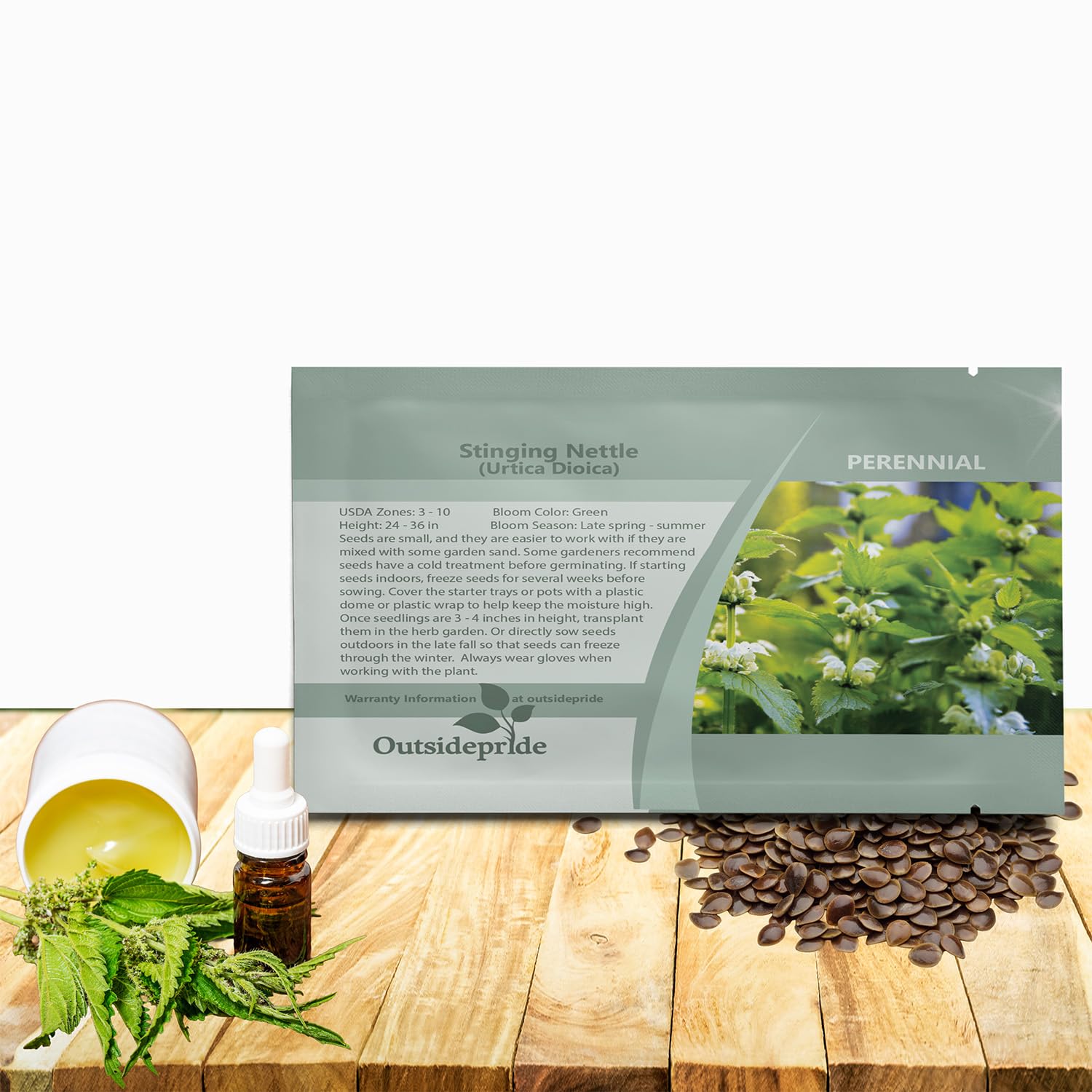 Outsidepride stinging nettle seeds packaging for easy perennial herb growing in sun to partial shade.