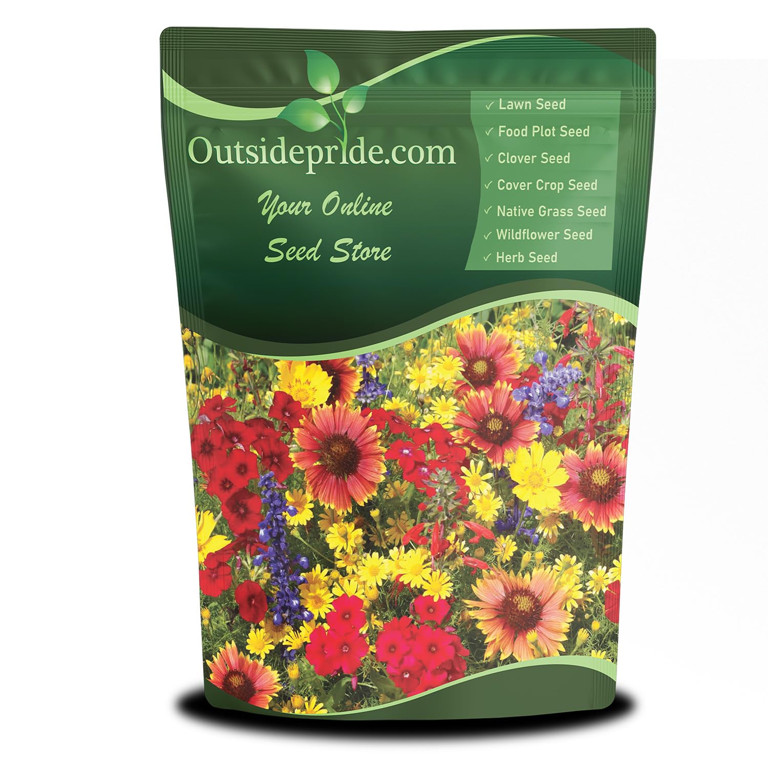 Outsidepride Texas & Oklahoma Wildflower Seed Mix pack shot with drought-tolerant blooms