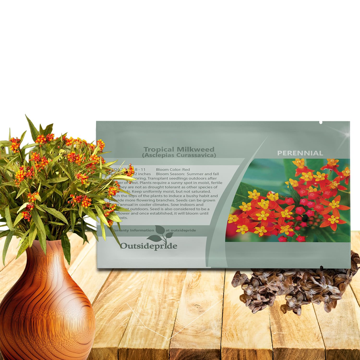 Outsidepride Tropical Milkweed Seeds packaging ready for garden planting and pollinator support.