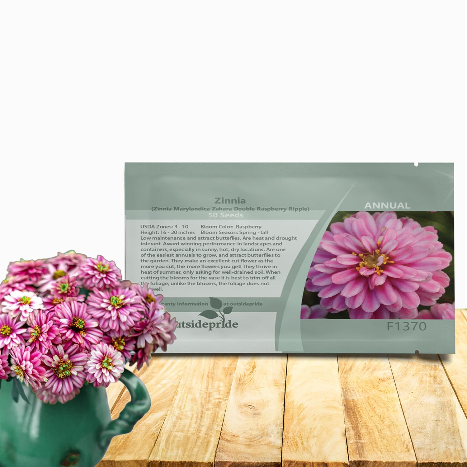 Outsidepride Zahara Double Raspberry Ripple zinnia seeds blooming in sunny garden beds.