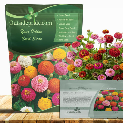 Outsidepride Zinnia Seeds packaging shows premium, non-GMO seeds ready for outdoor planting.