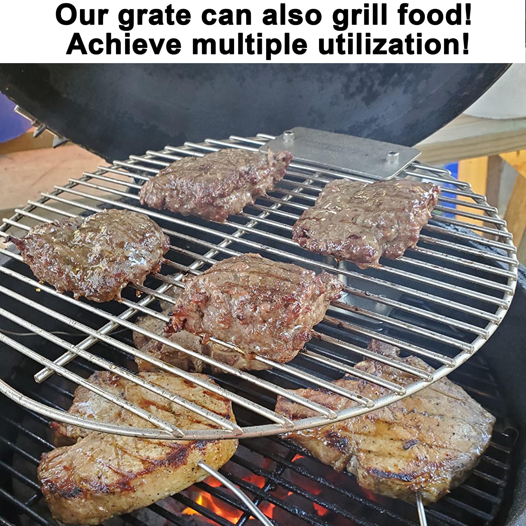 Outspark high-heat searing with 14in Smokey Joe grate for crisp exterior and retained flavors