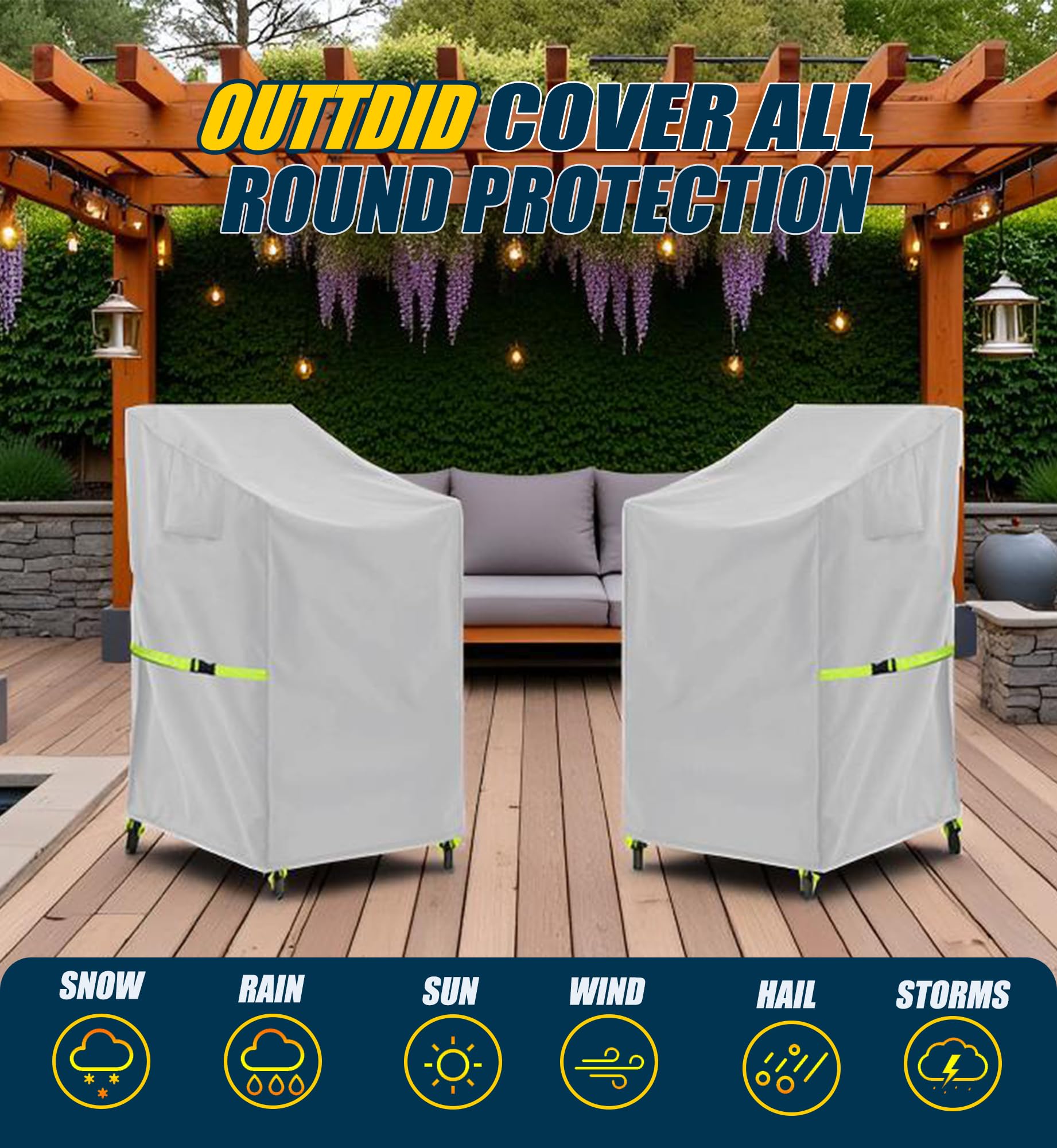 OUTTDID chair cover dimensions 28in x 36in x 47in for stackable chairs.