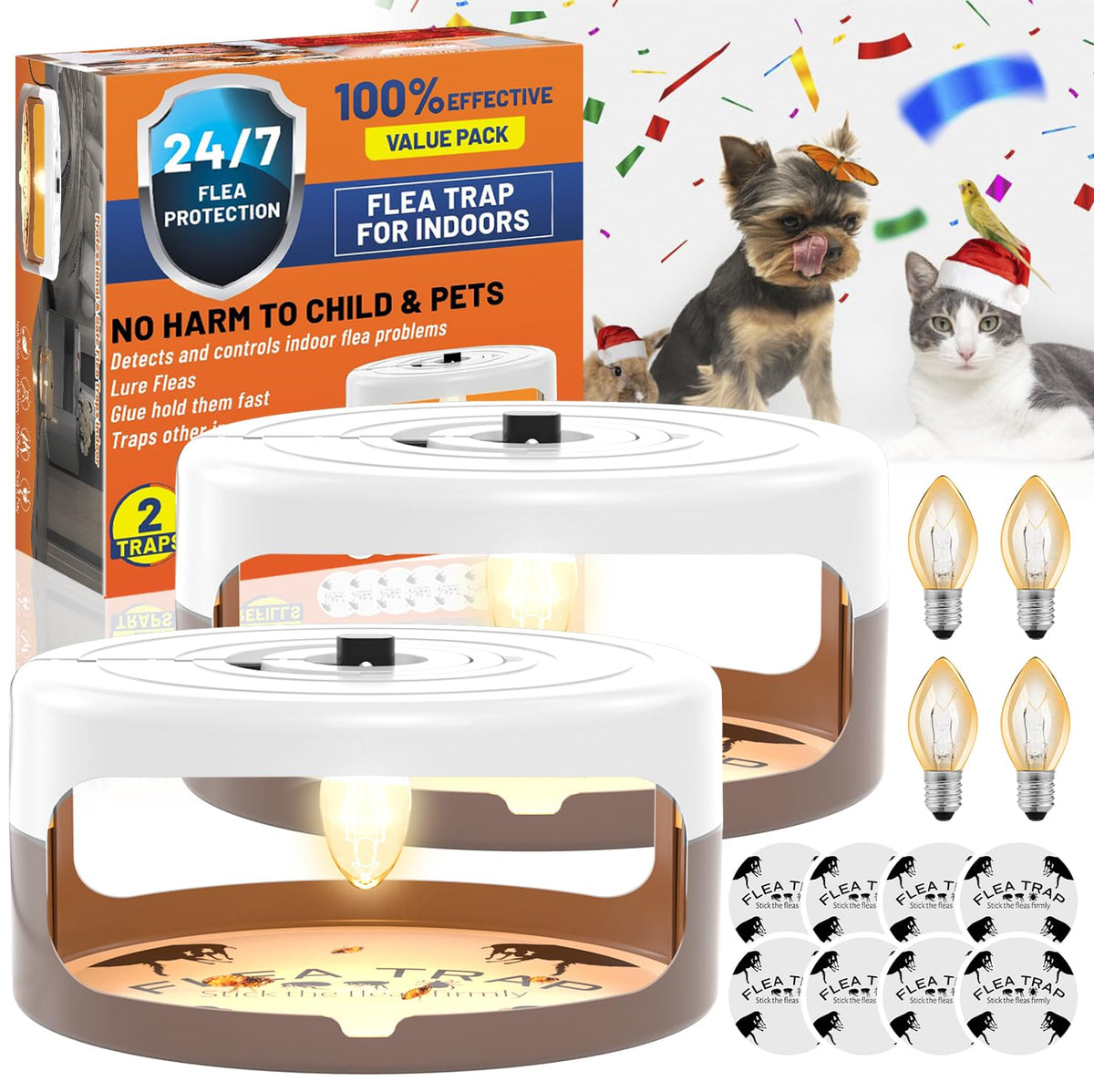 Outtkitywi two-pack flea traps displayed indoors for effective pest capture
