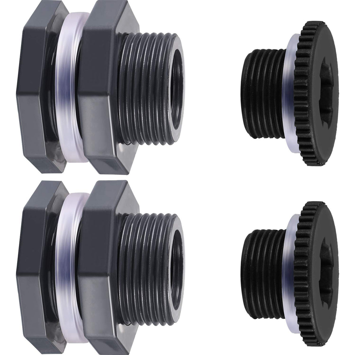 Outus bulkhead fitting with silicone seal gasket for a tight rain barrel connection.