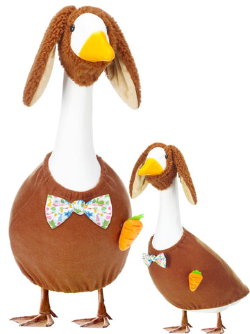Outus Easter Goose Outfit on porch goose with bunny-costume for festive curb appeal