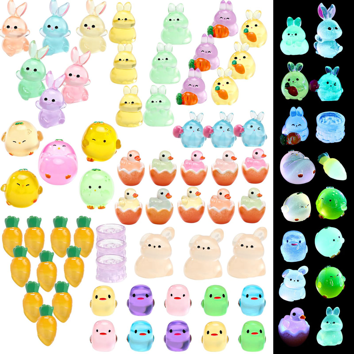 Outus Easter mini resin bunnies glow after sun exposure for charming garden or table decor.