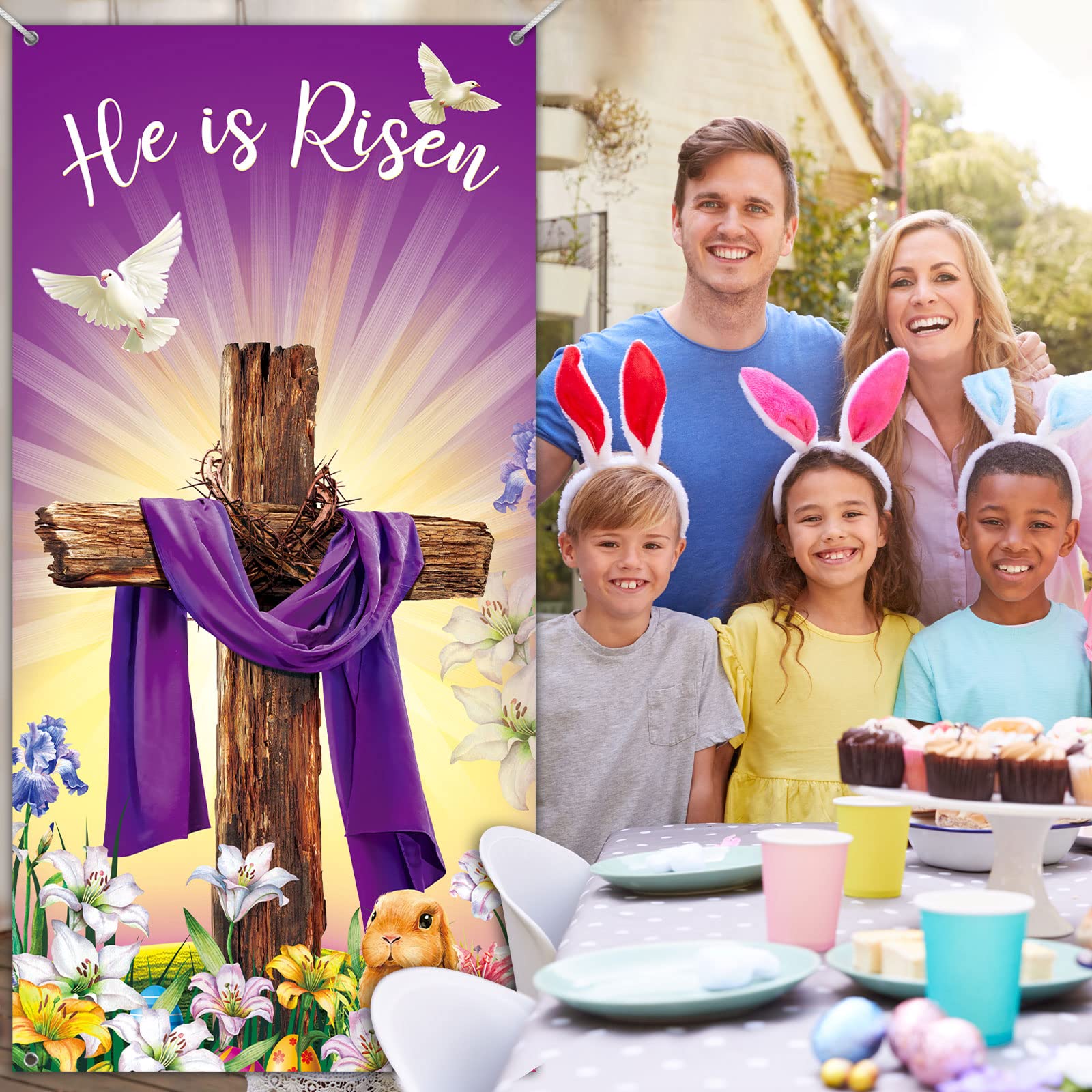 Outus He Is Risen banner enhances spring gatherings and decor.