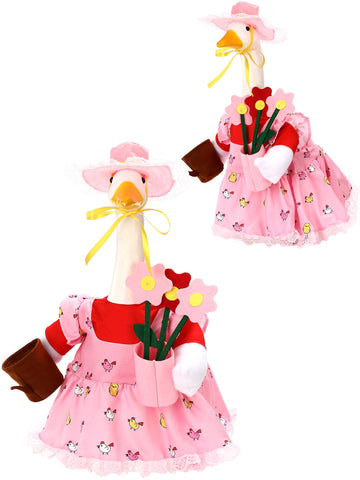 Outus Gardener Goose Outfits Set: lace pink apron enhances porch statue with festive spring charm.