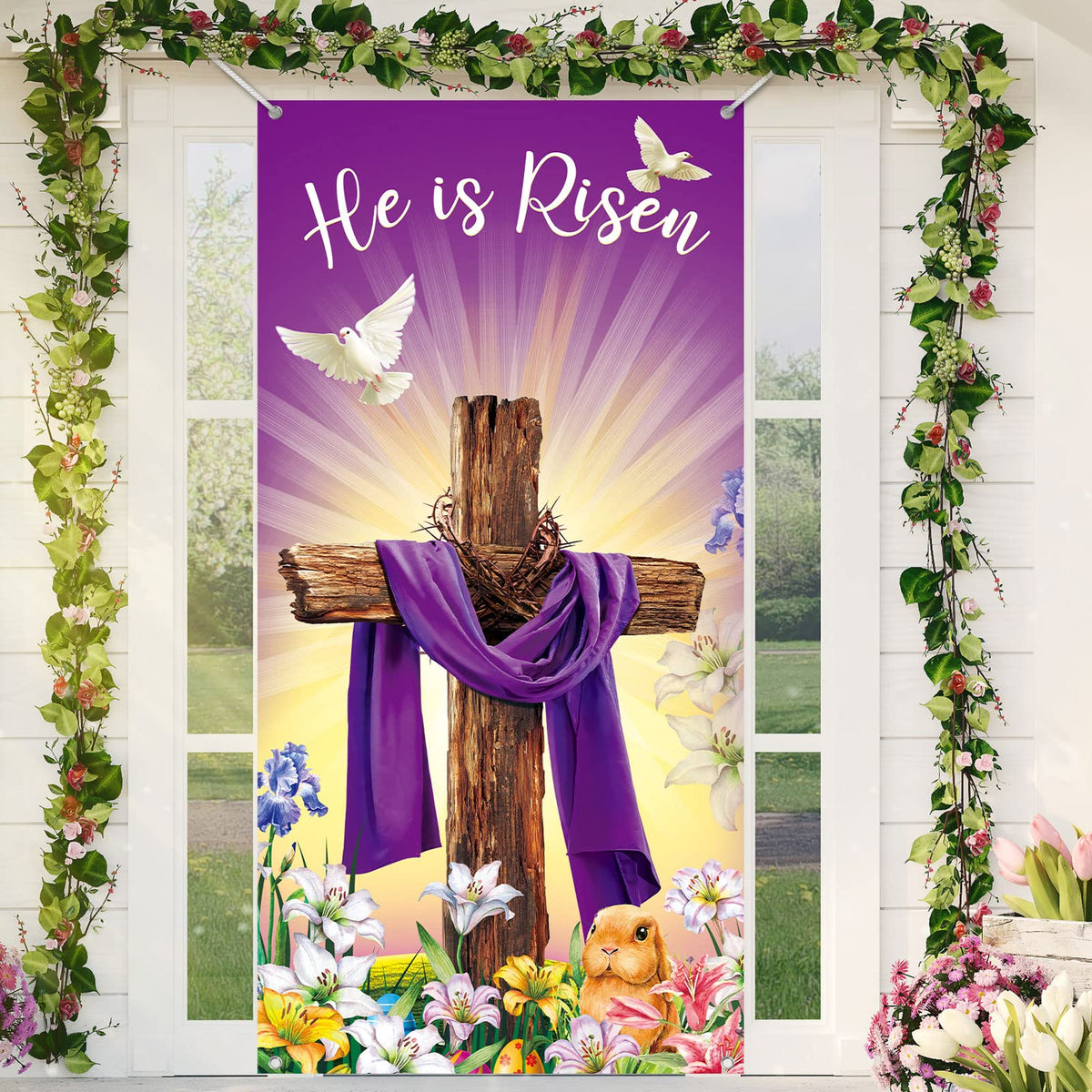 Outus He Is Risen door cover with cross design for Easter display.