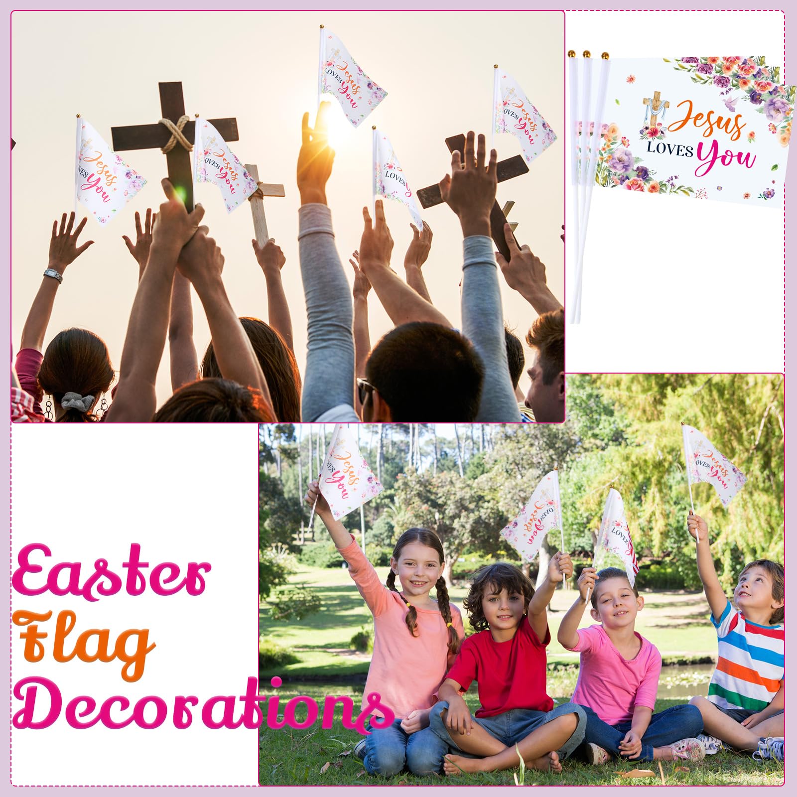 Outus Jesus Loves You flag set decorating an Easter celebration environment.